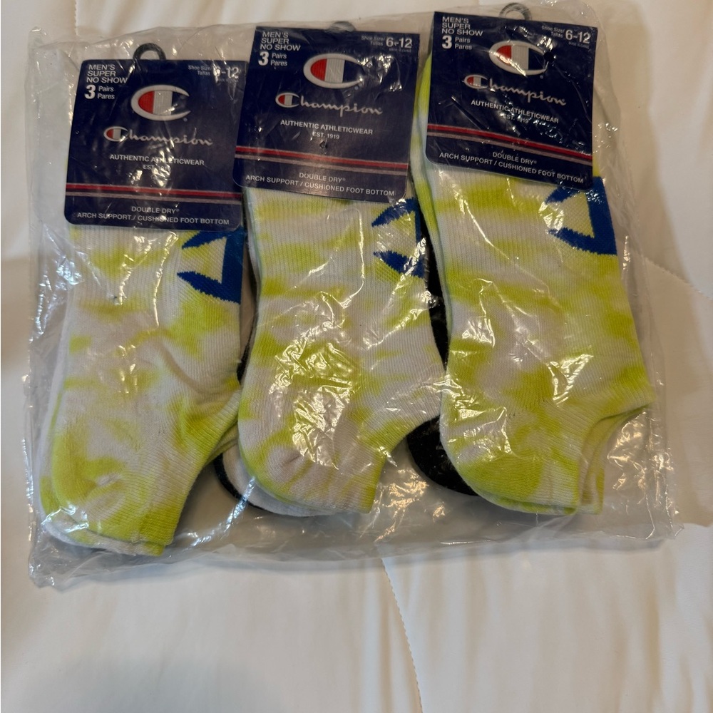 Champion Men's Yellow tie dye Socks - 3 Packs of 3 no show 9 total pairs NWT